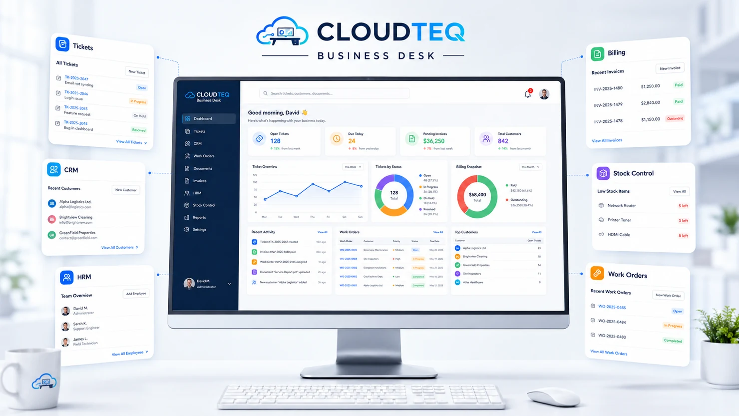 CLOUDTEQ Business Desk dashboard surrounded by ticket, CRM, HRM, billing, stock and work-order views